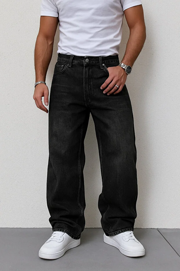 Siyah Taşlamalı Baggy Fit Likrasız Rahat Kesim Jean Pantolon Siyah Taşlamalı Baggy Fit Likrasız Rahat Kesim Jean Pantolon